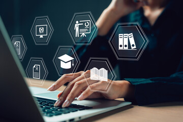 Woman using laptop with floating online education icons, representing e-learning, digital training, remote study, virtual classroom, academic development, and modern knowledge access.