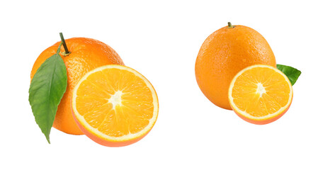 oranges, whole and cut, with leaf on transparent background