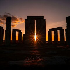 Ancient stone circle bathed in golden sunset light