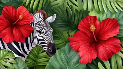 Fototapeta premium Vibrant watercolor jungle with zebra, red hibiscus, and dramatic tropical flowers among dense leaves