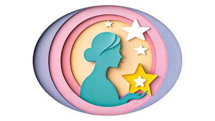 Paper cut illustration of mother holding baby with hearts and rainbow