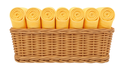 A close up of six neatly rolled yellow towels in a woven basket a relaxing and inviting scene.