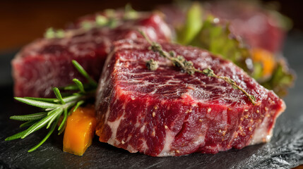Fototapeta premium Hyper-realistic animation of raw wagyu top sirloin on black slate with rosemary sprigs
