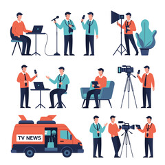 Professionals engaged in broadcast journalism and media production activities capturing news content