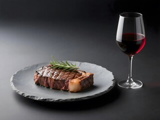 A perfectly grilled ribeye steak with rosemary served on a slate plate alongside a glass of red wine.