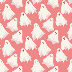 Seamless Halloween vector pattern with cute white ghosts on a coral pink background. Fun, playful, and spooky design for kids, party decor, fabric, wrapping, and seasonal crafts
