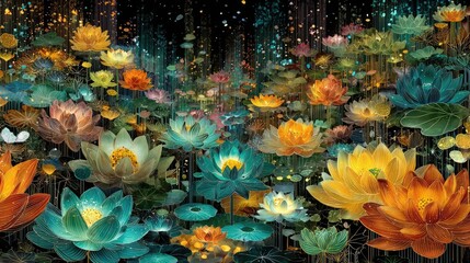 Role of content curation in digital marketing strategy concept. Vibrant lotus flowers glowing in a dreamy, enchanted garden.