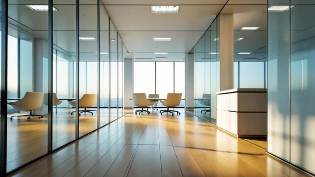 Bright modern office interior with glass walls, wooden flooring, and stylish chairs in a corporate workspace