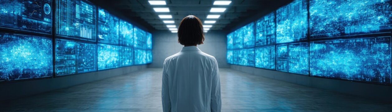 Human resource within a business background concept. A person viewing multiple digital screens in a futuristic room.