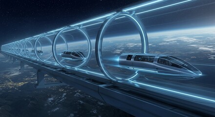 Obraz premium Futuristic hyperloop pods travel at high speed through an illuminated vacuum tube elevated above the Earth at night.