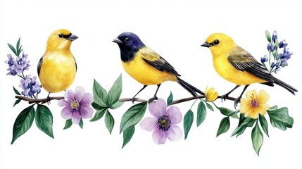Fototapeta premium Watercolor bird set featuring yellow songbird, spring flowers, and leafy greens for seasonal decor