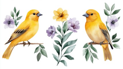 Fototapeta premium Watercolor bird set featuring yellow songbird, spring flowers, and leafy greens for seasonal decor