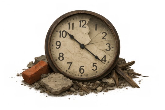 Broken clock showing time running out on transparent background