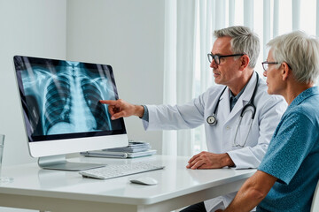 Middle aged Caucasian male doctor explaining chest X-ray results to senior Caucasian man in medical office, both sitting at desk and looking at computer monitor displaying radiograph