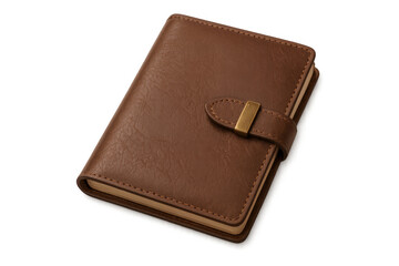 Closed brown leather notebook with golden clasp on transparent background