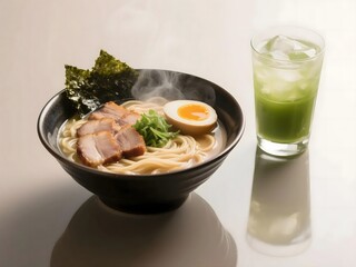 A bowl of steaming ramen with pork, egg, and seaweed, alongside a glass of iced green tea.