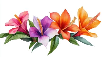 Watercolor collection of bright tropical blooms, exotic flower arrangement on clean white