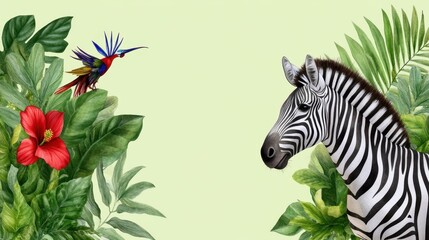 Fototapeta premium Watercolor design of zebra and exotic florals including hibiscus and bird of paradise in a green jungle