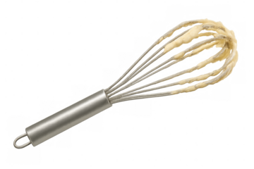 Whisk holding cake batter on transparent background