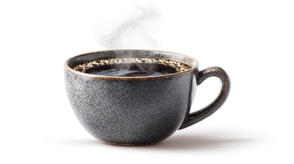 A steaming cup of dark coffee in a speckled gray ceramic mug with a rounded shape and a C-shaped handle, set against a bright white background