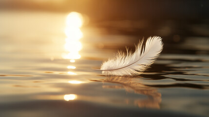 A photograph of a single white feather floating peacefully on the water, reflecting the warm light of dusk. The gentle ripples and the feather's lightness create a serene and ethereal atmosphere.