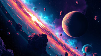 Space scene rendered in electric, vivid colors