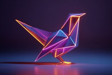 Origami bird glowing with neon lines, symbolizing transformation and creativity.