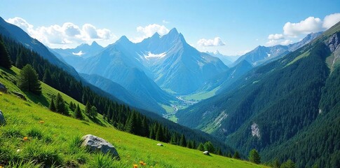 Fototapeta premium Majestic mountain range forming a natural border, lush green valley below, clear blue sky Perfect for travel, nature, geography, and environmental themes , summit, adventure