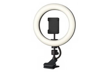 Ring light with clamp holding smartphone on transparent background