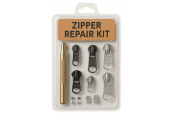 Zipper repair kit with various sizes and tool on transparent background