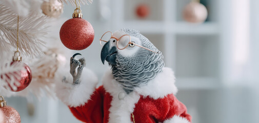 African grey parrot wearing red santa costume and glasses decorates white christmas tree with red ornament in cozy home, joyful festive atmosphere and holiday spirit