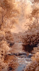 Naklejka premium Serene and peaceful forest stream with warm tones