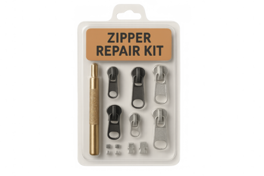 Zipper repair kit with various sizes and tool on transparent background