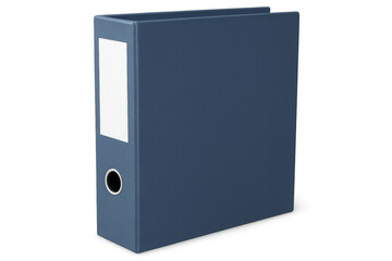Blue ring binder standing with blank label on transparent background