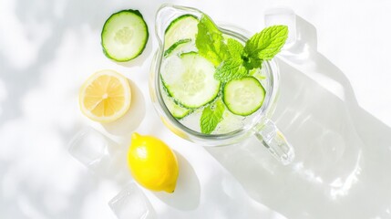 Minimalist top view of glass water pitcher with floating cucumber slices, lemon wedges and fresh mint leaves, transparent ice cubes, soft summer sunlight on white linen table, clean spa-inspired style