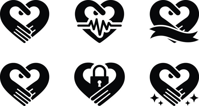 A collection of six black and white heart shaped icons with hands forming the heart shape design