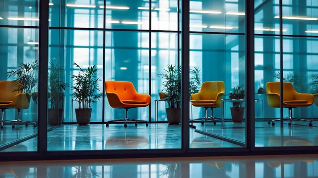 Office interior with glass walls modern chairs and potted plants in bright corporate environment