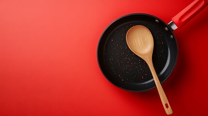 Frying pan for cooking vegetables red bottom wooden spoon