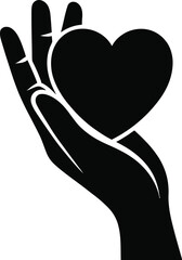 Black and white illustration of a hand holding a heart shape, symbolizing love and compassion design