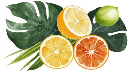 Watercolor illustration of sliced oranges, lemons, and limes with tropical leaves