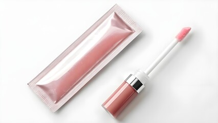 Clean Lip Gloss Sample Mockup Featuring Blank Sachet Packaging In A Flat Lay Style On A Pure White Background, Ideal For Cosmetic Branding, Product Design, And Marketing Showcase