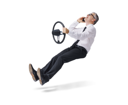 Irresponsible businessman using a smartphone while driving an invisible car