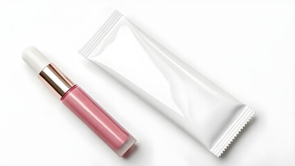 Clean Lip Gloss Sample Mockup Featuring Blank Sachet Packaging In A Flat Lay Style On A Pure White Background, Ideal For Cosmetic Branding, Product Design, And Marketing Showcase