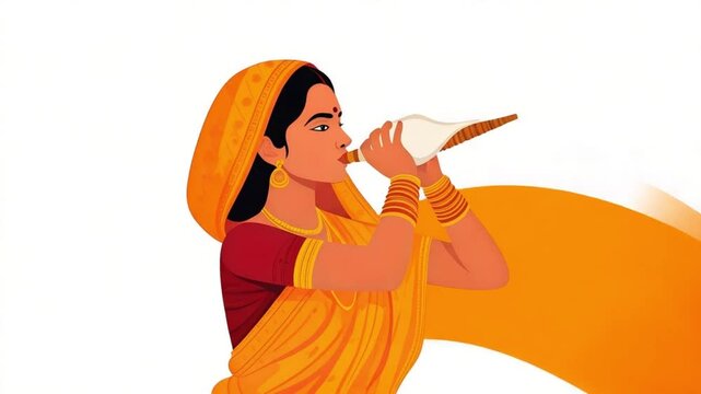 Illustration of a woman in traditional Indian attire blowing a conch shell with a vibrant orange sari flowing behind her.