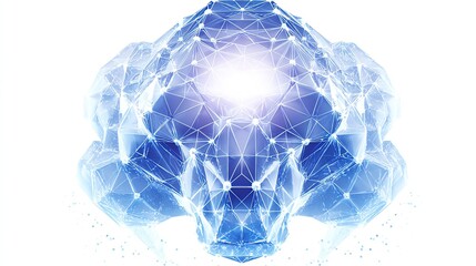 Abstract cloud-like form rendered in translucent blue polygons and interconnected nodes, emitting a bright central light, with scattered particles surrounding it against a white background