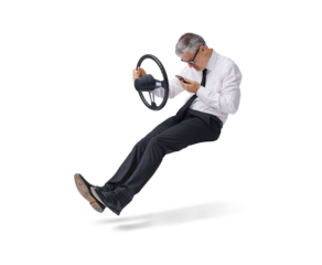 Irresponsible businessman using a smartphone while driving an invisible car