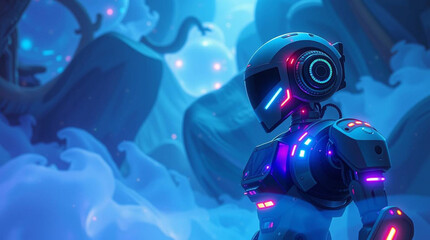 Mystic enchanting environment, dreamlike atmosphere, gentle color contrasts, otherworldly ethereal quality, electric vivid colors, futuristic robot with LED lights