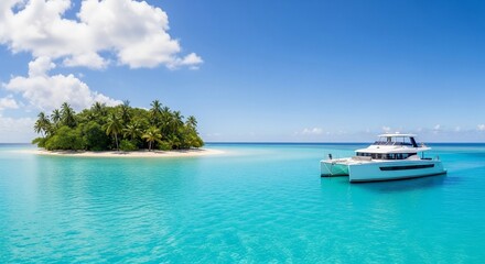 Luxurious Catamaran Yacht Cruises Near Tropical Island Paradise with Turquoise Waters