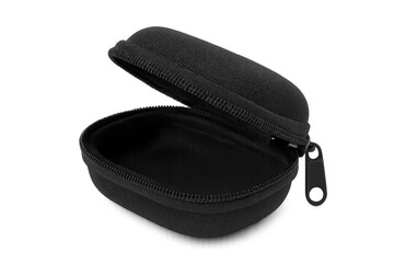 Open black zippered carrying case on transparent background