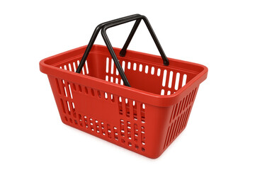 Empty red shopping basket with black handles on transparent background